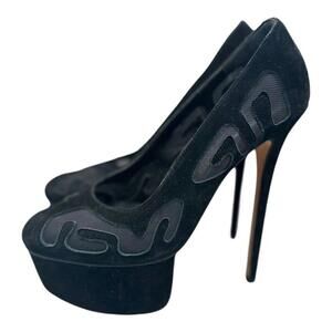 Olcay Gulsen Black Mesh Cutout Suede Designer Pumps Platform Heels Size 38/7.5